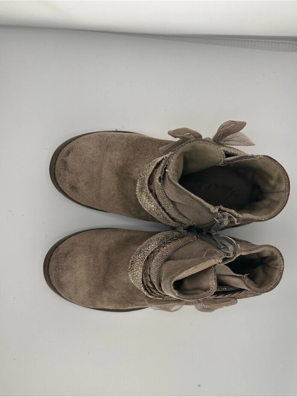 Kids Taupe Suede Ankle Boots with Decorative Bows